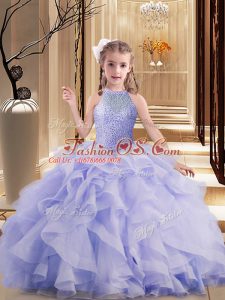 Graceful High-neck Sleeveless Brush Train Lace Up Beading and Ruffles Pageant Gowns in Lavender