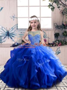 Royal Blue Ball Gowns Beading and Ruffles Little Girls Pageant Dress Wholesale Lace Up Tulle Sleeveless Floor Length