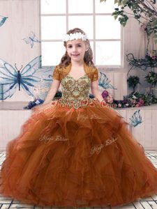 Sleeveless Tulle Floor Length Lace Up Pageant Dress in Rust Red with Beading and Ruffles