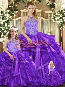 Customized Purple Quinceanera Gown Sweet 16 and Quinceanera with Beading and Ruffles Halter Top Sleeveless Lace Up