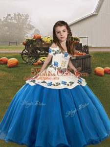 Sweet Blue Ball Gowns Straps Sleeveless Organza Floor Length Lace Up Embroidery Kids Pageant Dress