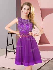 Clearance Sleeveless Chiffon Mini Length Backless Bridesmaids Dress in Purple with Beading and Appliques