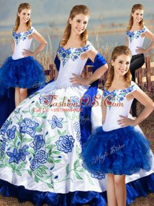 Vintage Blue And White Lace Up Quinceanera Dress Embroidery Sleeveless Floor Length