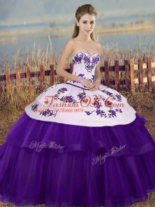 Floor Length Ball Gowns Sleeveless White And Purple Quince Ball Gowns Lace Up