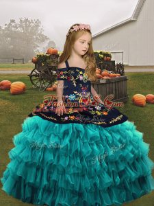 Custom Designed Teal Ball Gowns Embroidery and Ruffled Layers Kids Formal Wear Lace Up Organza Sleeveless Floor Length
