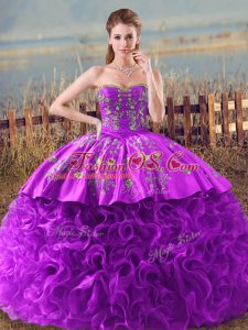 Eggplant Purple and Purple Sweetheart Neckline Embroidery and Ruffles Ball Gown Prom Dress Sleeveless Lace Up