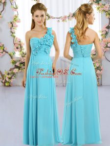 Latest One Shoulder Sleeveless Lace Up Quinceanera Court Dresses Aqua Blue Chiffon