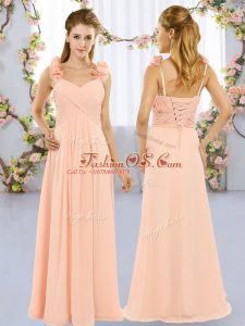 New Arrival Peach Chiffon Lace Up Bridesmaid Dresses Sleeveless Floor Length Hand Made Flower