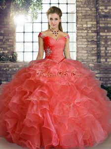 Attractive Organza Off The Shoulder Sleeveless Lace Up Beading and Ruffles Sweet 16 Dress in Watermelon Red