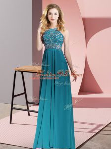 Teal Chiffon Backless Scoop Sleeveless Floor Length Military Ball Gown Beading