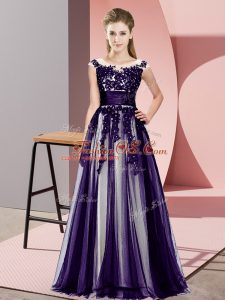 Extravagant Purple Empire Tulle Scoop Sleeveless Beading and Lace Floor Length Zipper Bridesmaid Dresses