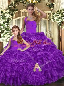 Fashionable Purple Halter Top Neckline Ruffles Quinceanera Dress Sleeveless Lace Up