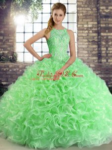 Fantastic Green Lace Up Scoop Beading 15th Birthday Dress Fabric With Rolling Flowers Sleeveless