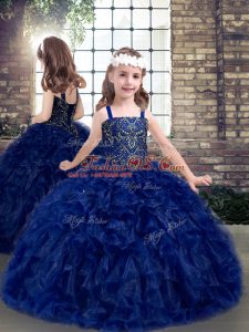 Blue Straps Neckline Beading and Ruffles Kids Pageant Dress Sleeveless Lace Up