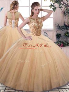 Luxury Tulle Scoop Sleeveless Lace Up Beading 15th Birthday Dress in Gold