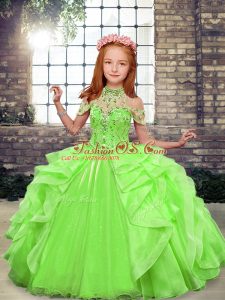 Super Sleeveless Floor Length Beading and Ruffles Lace Up Child Pageant Dress with Green