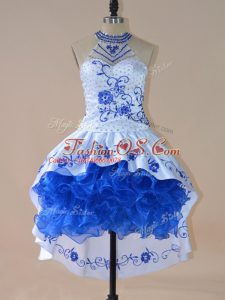 Sleeveless High Low Embroidery and Ruffles Lace Up Prom Party Dress with Royal Blue