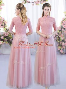 Nice Floor Length Pink Quinceanera Court Dresses High-neck Half Sleeves Zipper