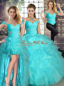 Modern Three Pieces Quince Ball Gowns Aqua Blue Off The Shoulder Organza Sleeveless Floor Length Lace Up