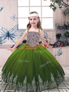 Affordable Olive Green Tulle Lace Up Little Girl Pageant Dress Sleeveless Floor Length Beading and Embroidery
