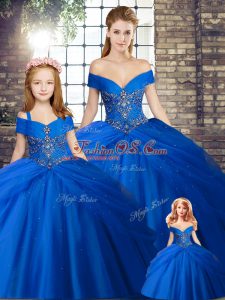 Charming Beading and Pick Ups Ball Gown Prom Dress Royal Blue Lace Up Sleeveless Brush Train