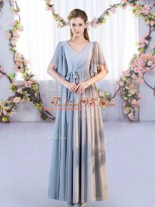 High Class Floor Length Grey Dama Dress for Quinceanera Chiffon Short Sleeves Belt