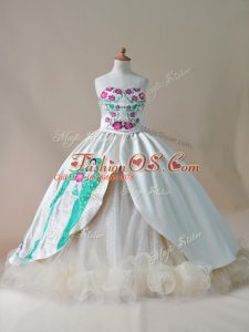 Sleeveless Satin Sweep Train Lace Up Winning Pageant Gowns in Champagne with Embroidery