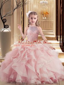 Hot Selling Pink Ball Gowns Beading and Ruffles Child Pageant Dress Lace Up Organza Sleeveless Floor Length