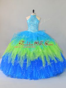 Latest Multi-color Lace Up Halter Top Beading and Ruffles Quince Ball Gowns Tulle Sleeveless
