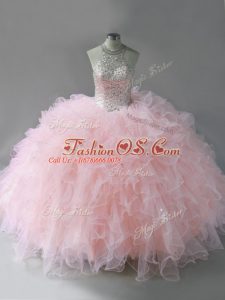 Tulle Halter Top Sleeveless Lace Up Beading and Ruffles Quince Ball Gowns in Pink