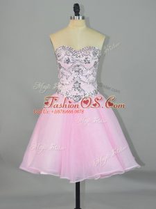 Fantastic Sweetheart Sleeveless Prom Party Dress Mini Length Beading Pink Organza