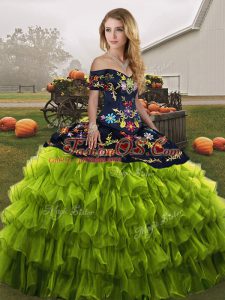 Inexpensive Floor Length Olive Green Quinceanera Gowns Organza Sleeveless Embroidery and Ruffled Layers
