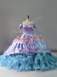Blue Off The Shoulder Neckline Ruffles 15th Birthday Dress Sleeveless Lace Up