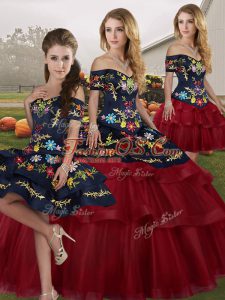 Discount Lace Up Quinceanera Gowns Wine Red for Military Ball and Sweet 16 and Quinceanera with Embroidery and Ruffled Layers Brush Train