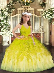 Inexpensive Olive Green Tulle Zipper V-neck Sleeveless Floor Length Little Girl Pageant Dress Ruffles