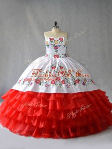 Deluxe White And Red Sleeveless Organza Lace Up Vestidos de Quinceanera for Sweet 16 and Quinceanera