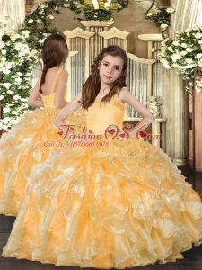 Floor Length Ball Gowns Sleeveless Gold Pageant Gowns For Girls Lace Up