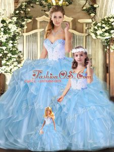 Custom Designed Blue Lace Up Ball Gown Prom Dress Beading and Ruffles Sleeveless Floor Length