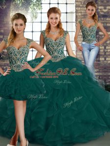 Beautiful Peacock Green Sleeveless Beading and Ruffles Floor Length 15th Birthday Dress