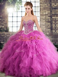 Dynamic Rose Pink 15th Birthday Dress Military Ball and Sweet 16 and Quinceanera with Beading and Ruffles Sweetheart Sleeveless Lace Up