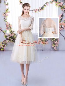 Luxurious Tea Length Champagne Vestidos de Damas Tulle Half Sleeves Lace