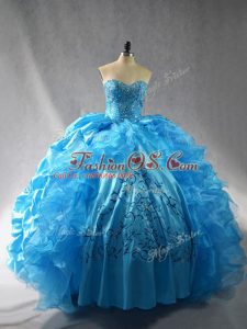 Elegant Baby Blue Ball Gowns Organza Sweetheart Sleeveless Embroidery and Ruffles Floor Length Lace Up Vestidos de Quinceanera