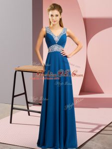 Sleeveless Floor Length Beading Lace Up Evening Gowns with Blue