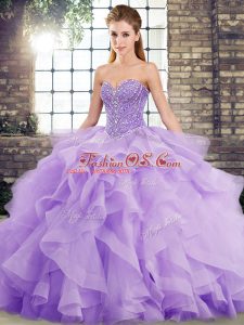 Lavender Sweetheart Lace Up Beading and Ruffles 15th Birthday Dress Brush Train Sleeveless