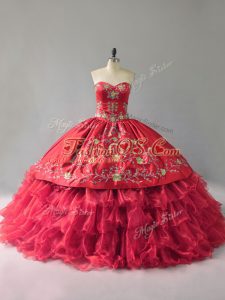 Red Ball Gowns Sweetheart Sleeveless Organza Floor Length Lace Up Embroidery and Ruffles 15 Quinceanera Dress