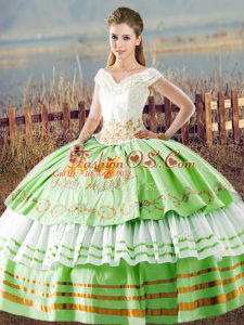 Custom Made Satin Lace Up V-neck Sleeveless Floor Length Sweet 16 Dress Embroidery and Ruffled Layers