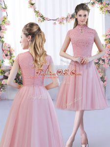Pink A-line Lace Vestidos de Damas Zipper Tulle Cap Sleeves Tea Length
