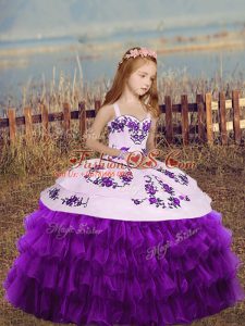 Eggplant Purple Sleeveless Organza Lace Up Kids Pageant Dress for Party and Wedding Party