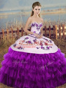 Shining Sweetheart Sleeveless Quinceanera Dress Floor Length Embroidery and Ruffled Layers and Bowknot White And Purple Organza