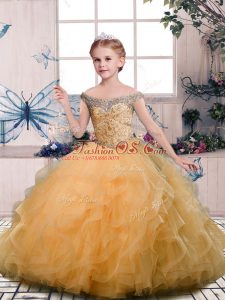 Gold Tulle Lace Up Winning Pageant Gowns Sleeveless Floor Length Beading and Ruffles